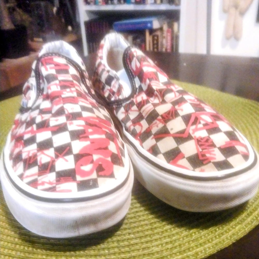 Vans White and Black Checkered Slip-On Sneakers